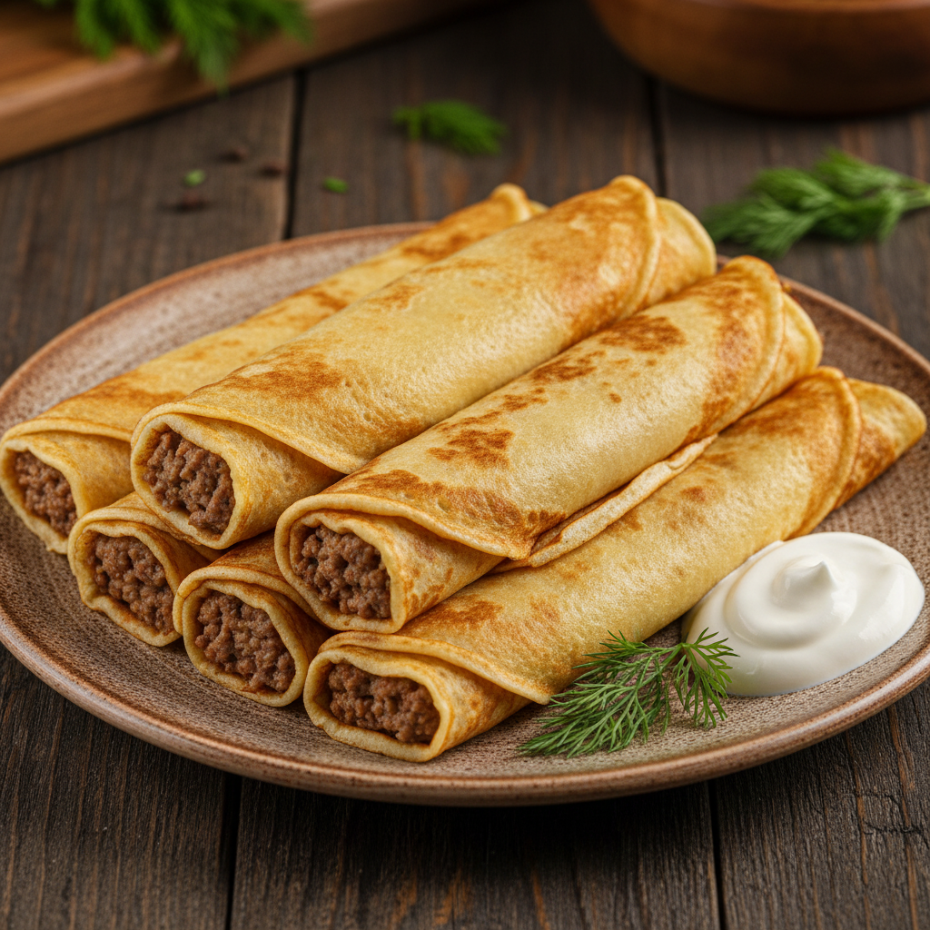 Bliny s Myasom (Savory Meat Blini Rolls)