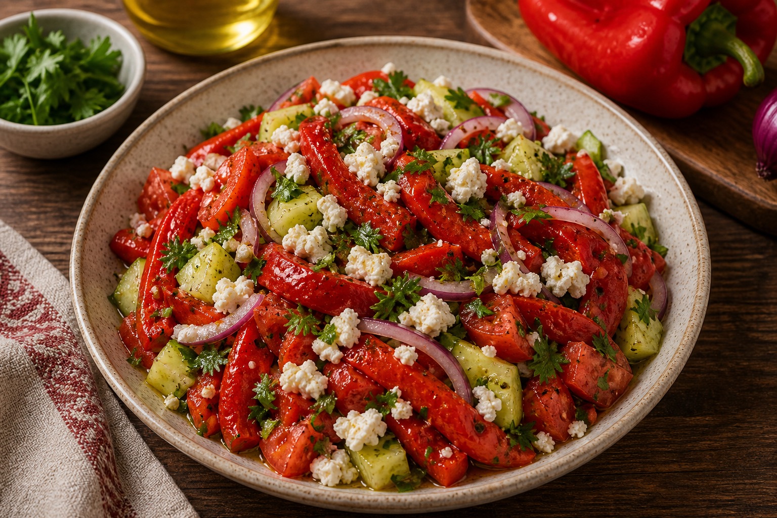 Bulgarian Roasted Pepper and Cheese Salad (Shopska-Style Salad)