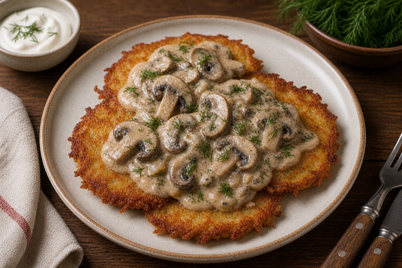 Potato Pancakes with Mushroom Sauce (Deruny z Hrybnoyu Pidlyvoyu)