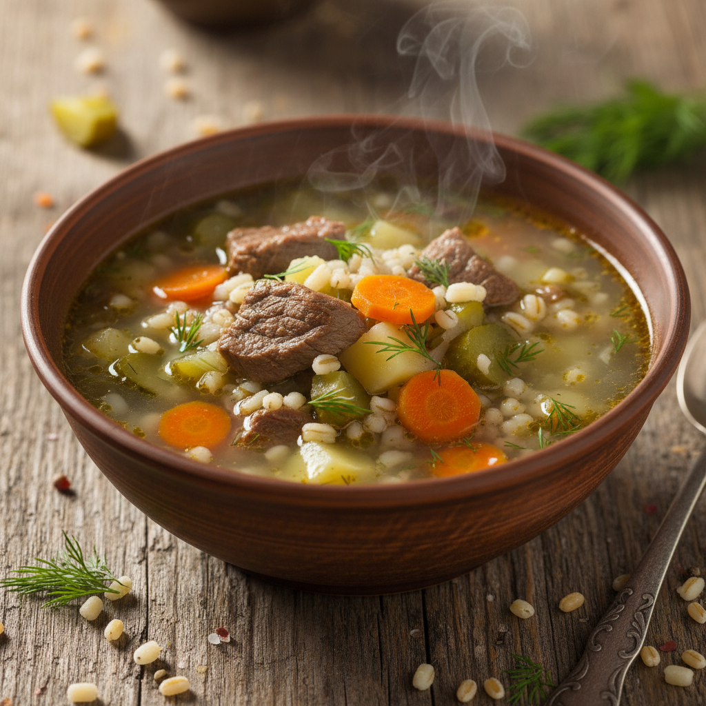 Rassolnik (Pickle and Barley Soup)